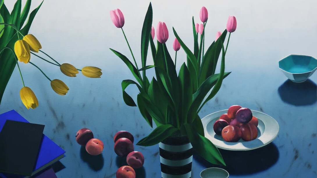 Bruce Cohen, Still life with backlit plums (detail), 2026. Courtesy of Berggruen Gallery