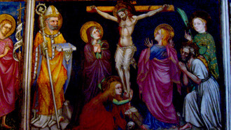 Jakobus de Voragine mit dem Buch in der Hand, Fresko von Ottaviano Nelli, Foligno, Italien