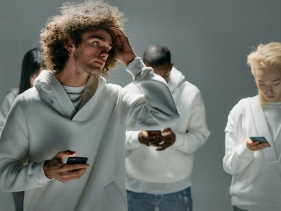 Grupo de pessoas atentas ao celular. O uso excessivo de telas também contribui para o isolamento social. Embora as redes sociais possam conectar pessoas à distância, elas não substituem as interações presenciais, essenciais para o desenvolvimento de laços sociais profundos
