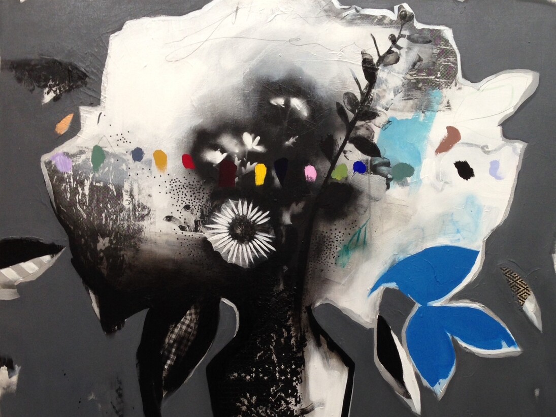 Emily FillerBlack and White and Rainbow Bouquet II, 2016mixed media on canvas122 x 122 cm, 48 1/8 x 48 1/8 in. Courtesy of Rebecca Hossack