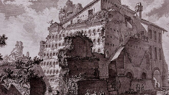 Veduta esterna delle tre Sale sepolcrali, credute della Famiglia d'Augusto, 370 x 500 mm.  Retrieved from Ficacci, L. (2022). The Antiquities of Rome. In Piranesi: The Complete Etchings (p. 230)