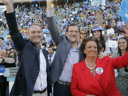 Mariano Rajoy con Carlos Fabra y Rita Barberá en Valencia: la Justicia ha calificado al PP de la comunidad de "organización criminal"
