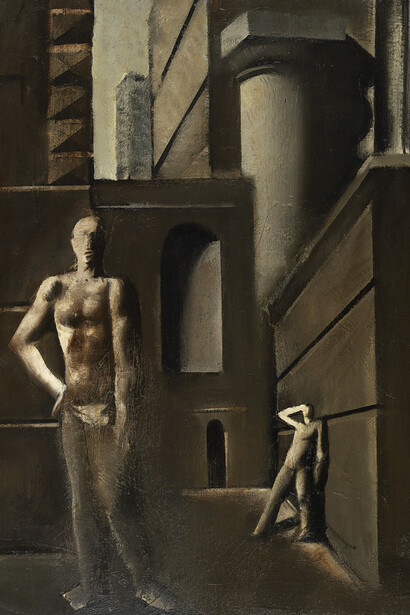 Composizione (I costruttori), 1928-29
olio su tela, 100 x 70 cm
Milano, Museo del Novecento, collezione Boschi