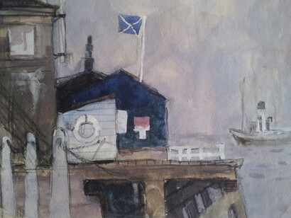 David McClure, The Blue Hut, watercolour, 18 x 27 cm