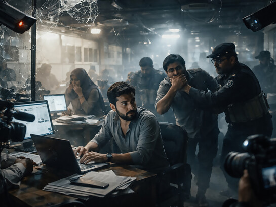 A tense newsroom scene captures the climate of fear and pressure surrounding independent journalism in Pakistan, where surveillance, intimidation, and institutional power increasingly shape what can be reported—and what must remain unsaid