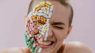 Happiness on a person's face that also has a collection of pills
