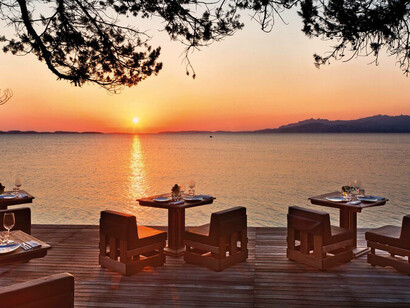 Guests can dine while watching the sunset in this wonderfully majestic and peaceful setting in Capo d'Orso, Sardinia 