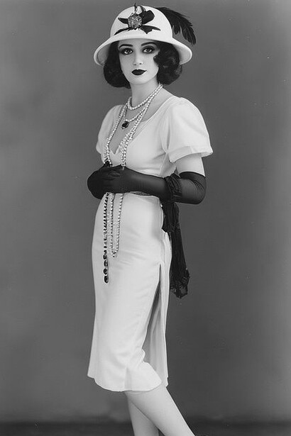 A woman in a long dress and elegant hat reflects the timeless sophistication of 1920s fashion, complete with the era’s iconic short hairstyle