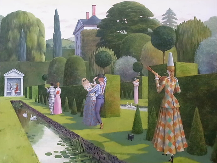 Alan Parry, Water Garden Masque, Acrylic on Board, signed, 73 x 90 cm