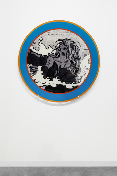 Dara Birnbaum, Quiet Disaster: Water, 1999. 1 from set of 3, circular Plexiglas panel with Duratrans print, Diameter: 44 in. / 111.76 cm. Courtesy of the artist and Marian Goodman Gallery. Photo credit: Sebastiano Pellion
