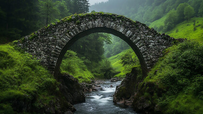 An ancient stone bridge rises gracefully over a flowing river, set in a misty green valley that evokes endurance and timeless connection