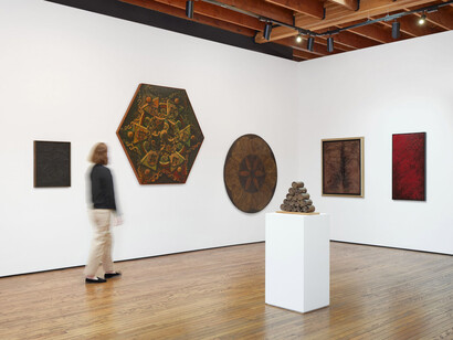 Wally Hedrick, Sex politics religion, exhibition view. Courtesy of Parker Gallery