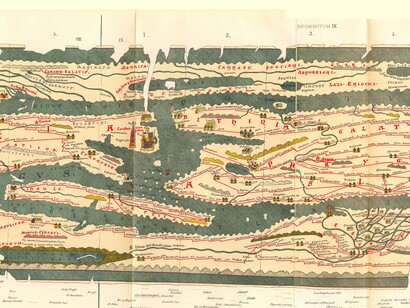 Segmento della "Tabila Peutingeriana" mappa dell'Impero con le principali arterie stradali romane. Asia