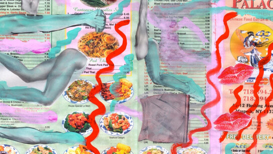 Jennifer Sullivan, Moon Palace (Menu Painting), 2015, Gouache and collage on menu, 11 x 17 inches