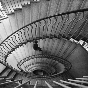 View of the grand staircase at La Rinascente in Rome, designed by Franco Albini and Franca Helg, 1962, digital print on aluminium