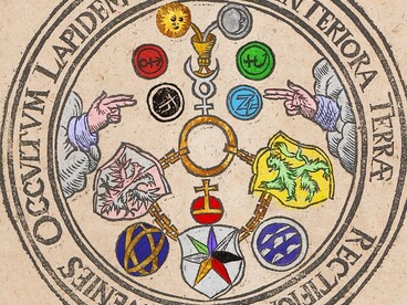 L'emblema della Tavola di Smeraldo così come riportato in un'edizione del 1600 del Golden Fleece. Colorato secondo la descrizione di Telle