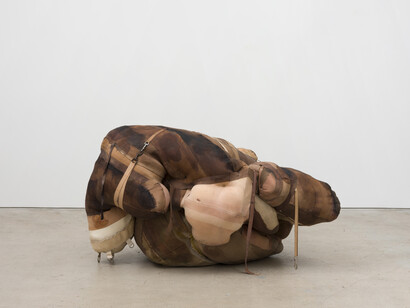 Patricia Ayres, 2-9-2-9-2-14-1, 2021, elastic, paint, ink, dye, anointing oil, iodine, metal hardware, thread, wood, padding and foam, 40x68x64 inches, courtessy of the artist and Matthew Brown, photo by Ed Mumford. Courtesy of Emerson Dorsch Gallery