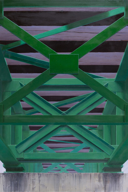 Ingo Baumgarten, Untitled (Green railway bridge, Susaek, Seoul), 2014. Oil on canvas, 130 x 162 cm, courtesy of the artist and Hanmi Gallery