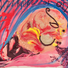 Jonathan Meese, "Baby-Zirkus Lacht!", 2023, huile, acrylique et Caparol sur toile de coton, 80×100,5x3,5 cm, photo by Roman März. © Courtesy the artist and Templon, Paris —Brussels — New York