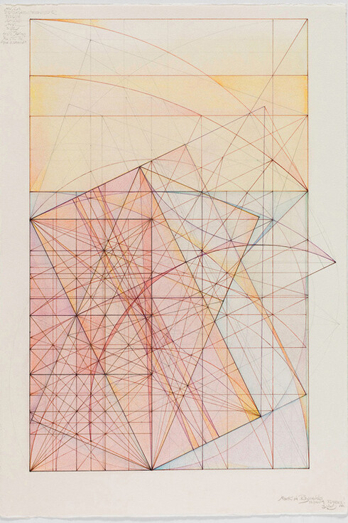 Mark Reynolds, Phi Root Two Series: Marriage of the Mu and the Nu, 12.10.14, 2014, Graphite, colored inks and pastel on cotton paper, 22 x 15 inches (paper size)