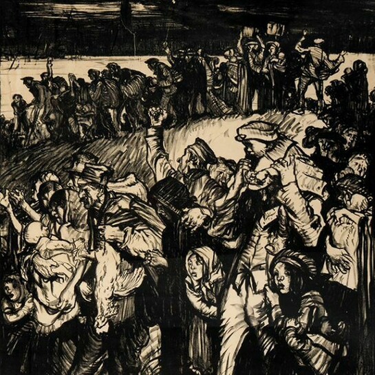Retreat from Antwerp, lithograph, 1915-1916, copyright of The Estate of Frank Brangwyn