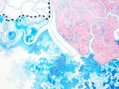 Tiffany Chung. HCMC extreme flood prediction 2050 – ADB & ICEM reports, 2013, ink and oil on vellum and paper, 110 x 70 cm (43.3 x 27.6 in), detail