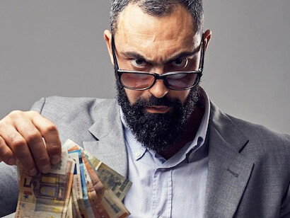 With a sinister gaze and cash in hand, this corporate leader exemplifies the growing disconnect between the ultra-wealthy and the rest of society, as media narratives fuel division and distrust