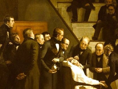 «Primera operación bajo el efecto del éter» (Robert C. Hinckley): la escena en el Hospital General de Massachusetts muestra a William T. G. Moore, a la izquierda, administrando anestesia a Gilbert Abbot mientras opera John Collins Warren