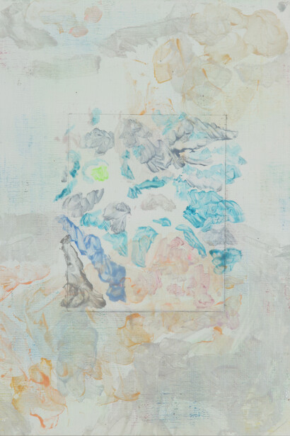 Hiroshi Tachibana, Photograph (Kahna and Spirit) and Palette (Trace), 2015, Gel medium transfer, acrylic and gesso on linen, 33.3 × 24.2 cm
