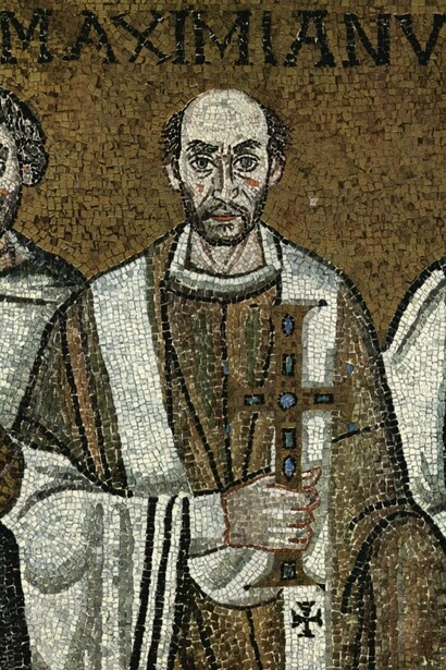 San Vitale da Ravenna, Il vescovo Massimiano, mosaico, particolare da "L'imperatore Giustiniano e la sua corte", 547 circa