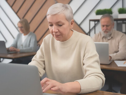 Senior woman actively involved in computer-related activities