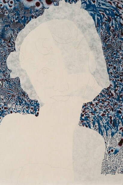 Andy Millner, Floating World (Portrait) (detail), 2023,
Pigment print, mulberry paper on linen,
31 1/2 x 25 inches. Courtesy of the artist and Heather Gaudio Fine Art