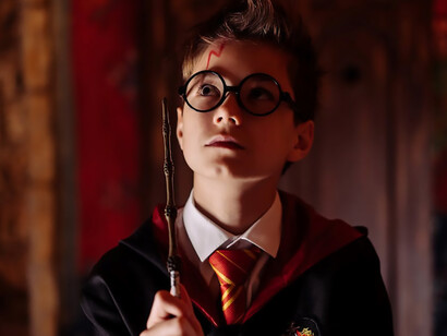 A young boy, adorned in black framed eyeglasses, channels enchantment as he confidently holds a wand, the embodiment of magical aspirations in his grasp