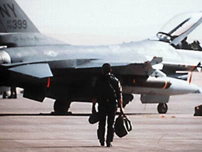 A New York Air National Guard pilot from the 174th Tactical Fighter Wing, 138th Tactical Fighter Squadron, prepares to take-off on a combat mission from a Saudi Arabian base, Operation Desert storm, 1991