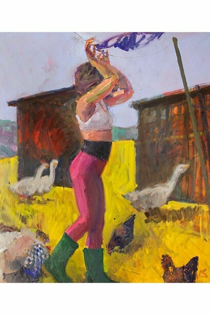 Green Wellies & Magenta Leggings, 2014, Oil on Canvas, 170 x 144 cm, © Kevin Sinnott, courtesy of Flowers Gallery