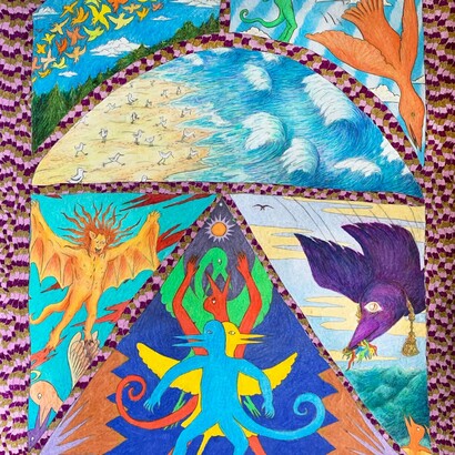 Benji Anderson,
Dreams of the Nightingale pt. 2, 2023,
Graphite & colored pencil on paper,
42 x 28.25 in. Courtesy of the artist and Red Arrow Gallery