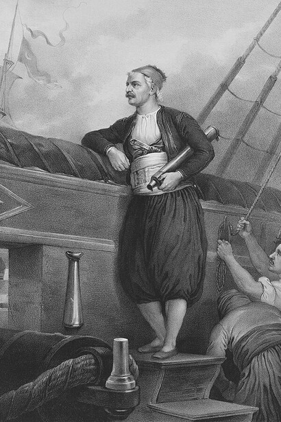 Andreas Miaoulis triumphs over the Turkish fleet at the Battle of Kos in 1845, depicted in a drawing