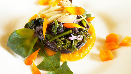 Spaghetti di Riso Nero con Scalogno, foglie di Tarassaco, Ortica, Lamio, petali di Calendula e tocchetti di Carota in agrodolce    