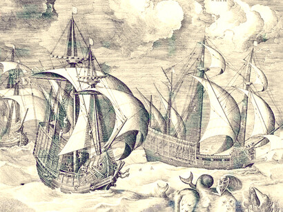 'Tres carabelas en una borrasca creciente con Arion sobre un delfín de Los veleros'. Autor: Pieter Bruegel the Elder