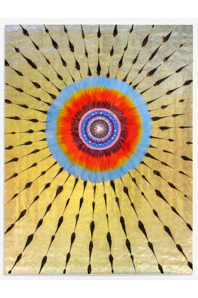 Jose Alvarez (D.O.P.A.), Song of Freedom, (Daniela García, The Light Within You), 2022, 
 feathers, ink, colored pencil and collage on mica on wood panel, 48x36x1 inches. Courtesy of Gavlak Gallery