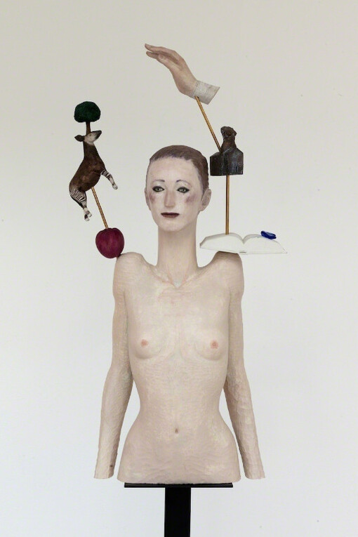 Katsura Funakoshi ‘Words Like A Tower’ 2011, Painted camphor wood, marble, brass, bronze, glass and stainless steel, 123.5 x 63 x 28 cm, © Katsura Funakoshi, Courtesy Annely Juda Fine Art, London