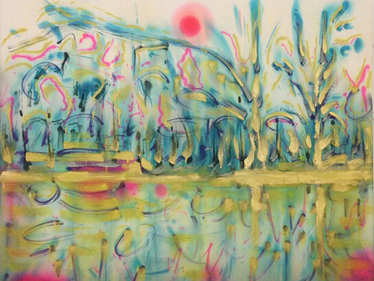 Saira McLaren, Winter Lake in Afternoon, 2014, pigment and gold powder on raw canvas, 36 x 40 inches