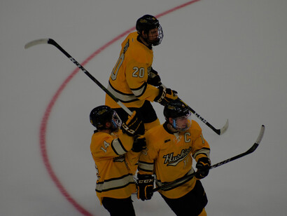 Ice hockey players in complete equipment battling it out on the rink