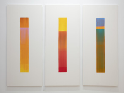 Ivan Le Pays, Vertical Horizon 01, 03, 04; 2023, oil on canvas, 80x34 inches each. Courtesy of the artist and 81 Leonard Gallery