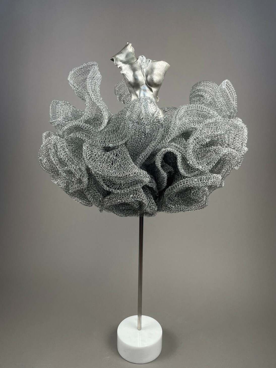 Estella Fransbergen, EF 22303, Bronze, one shoulder- Herkimer diamond brooch crochet dress, white marble base, 32x15x15 in