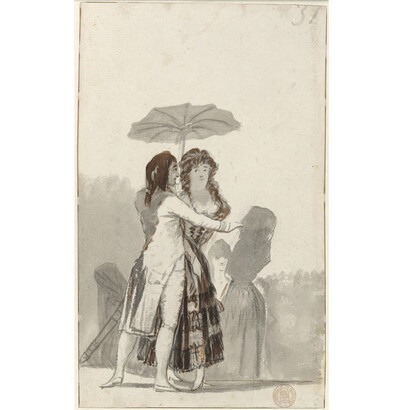 Pareja con sombrilla en el paseo, Francisco de Goya, Pincel aguada de tinta china, y raspador; retocado con tinta de bugalla a pincel, 221 x 134 mm, 1795 - 1797, Hamburgo, Hamburger Kunsthalle, Kupferstichkabinett © Hamburger Kunsthalle / bpk, Foto: Christoph Irrgang