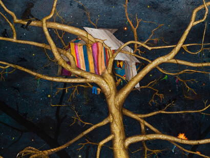 Jagannath Panda, The Epic I, 2008, acrylic, fabric and glue on canvas, 228 x 213 cm, © Halcyon Gallery