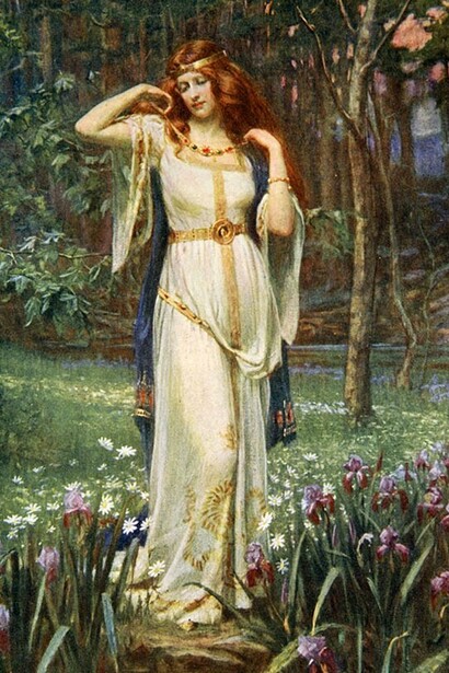 "Freyja and the Necklace" (1890) por James Doyle Penrose. Freyja contempla o colar Brísingamen, representado por James Doyle Penrose em uma cena marcada pela atmosfera de mistério e sensualidade. Na tradição nórdica, o adorno se tornou um dos símbolos mais associados à deusa e à integração entre beleza, desejo e poder