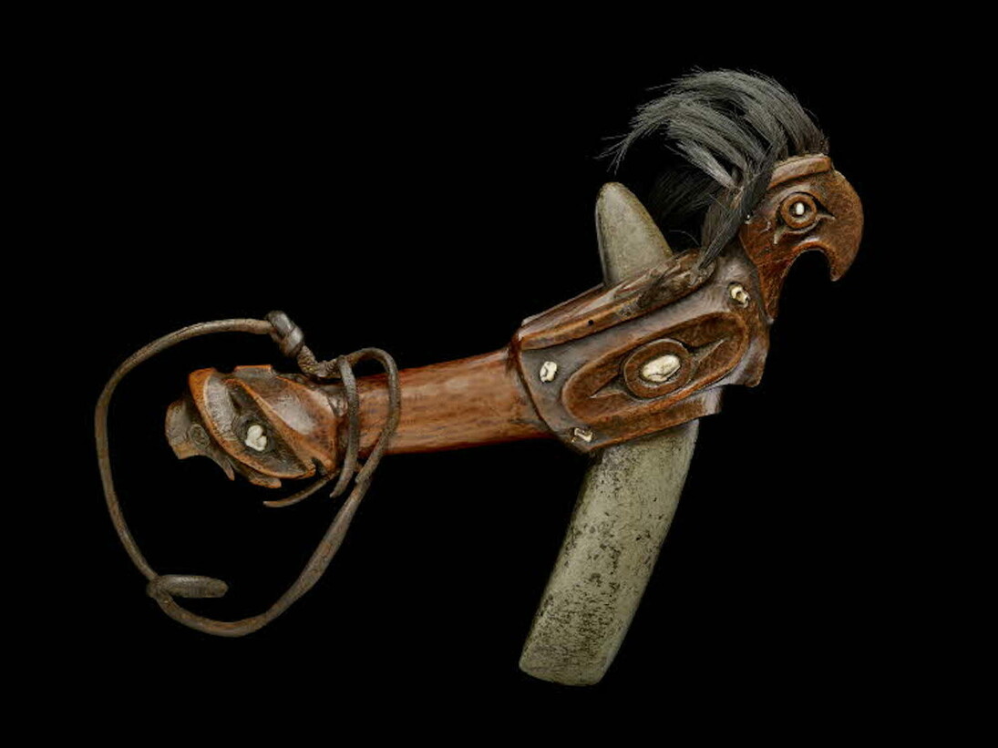 Club made from yew wood depicting Thunderbird with inlaid operculum shells and sea otter teeth, collection by Captain Cook on his third voyage 1776-1780 in Nootka Sound, British Columbia Canada. © The Trustees of the British Museum