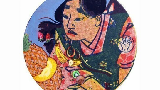 Axel Wilhite, Fruit Ninja, acrylic on printed card, 2014